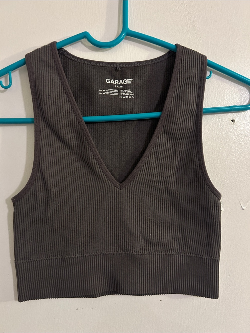 Garage Ribbed V-Neck Crop Tank - Charcoal